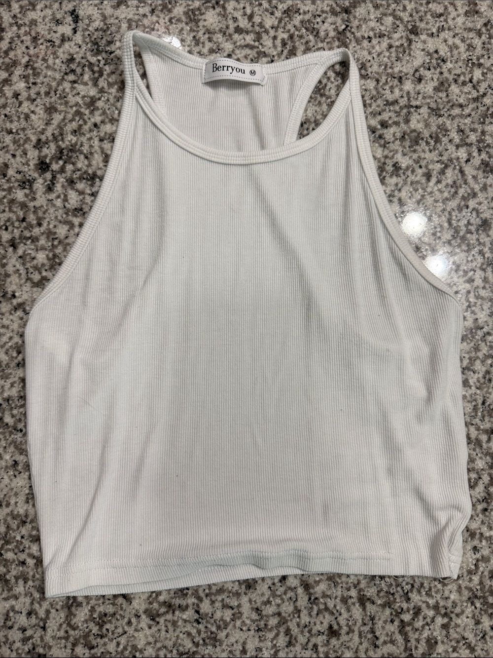 Berryou White Ribbed High-Neck Racerback Tank